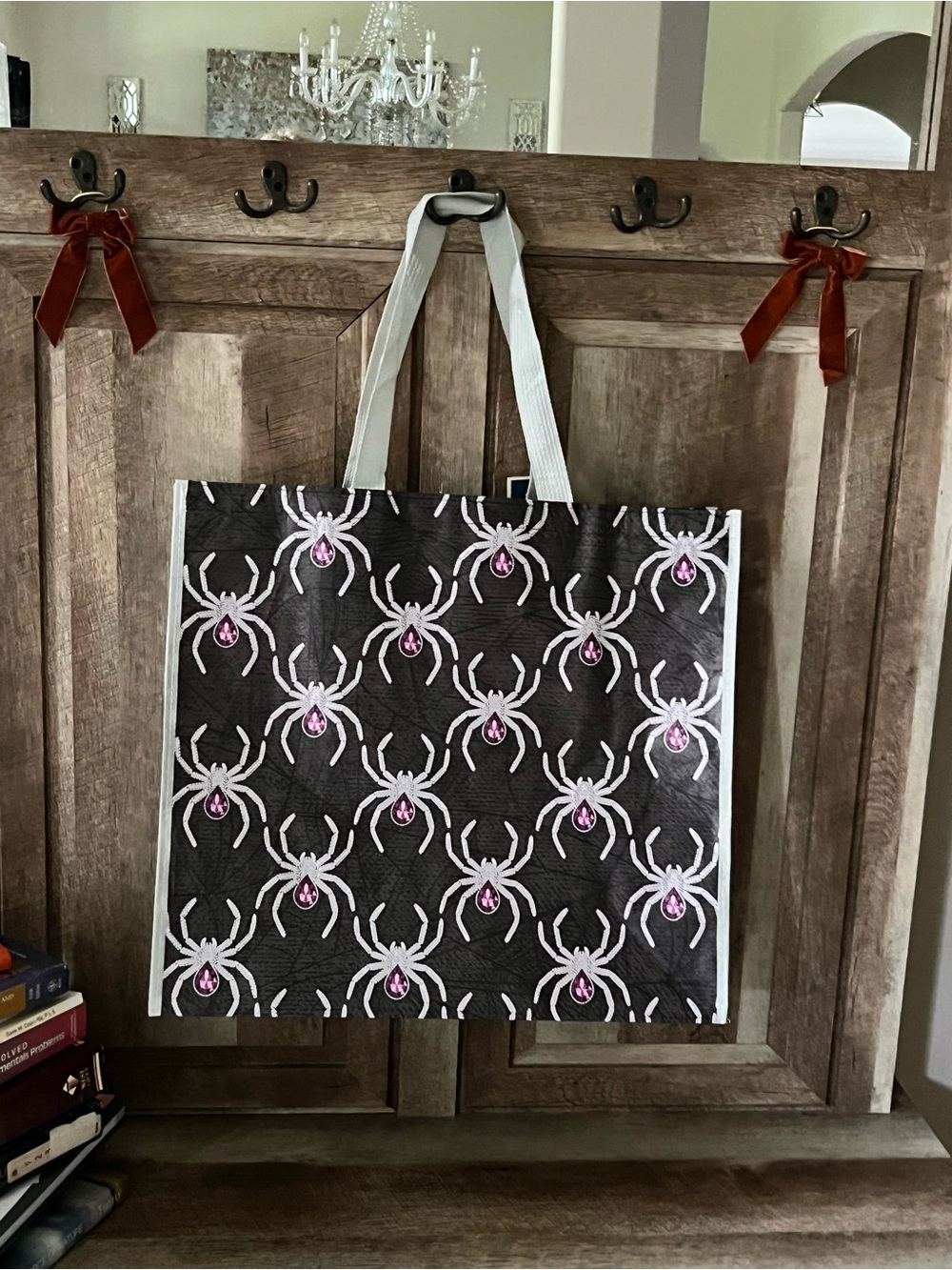 Black and Pink Spider Pattern Tote Bag - Unbranded